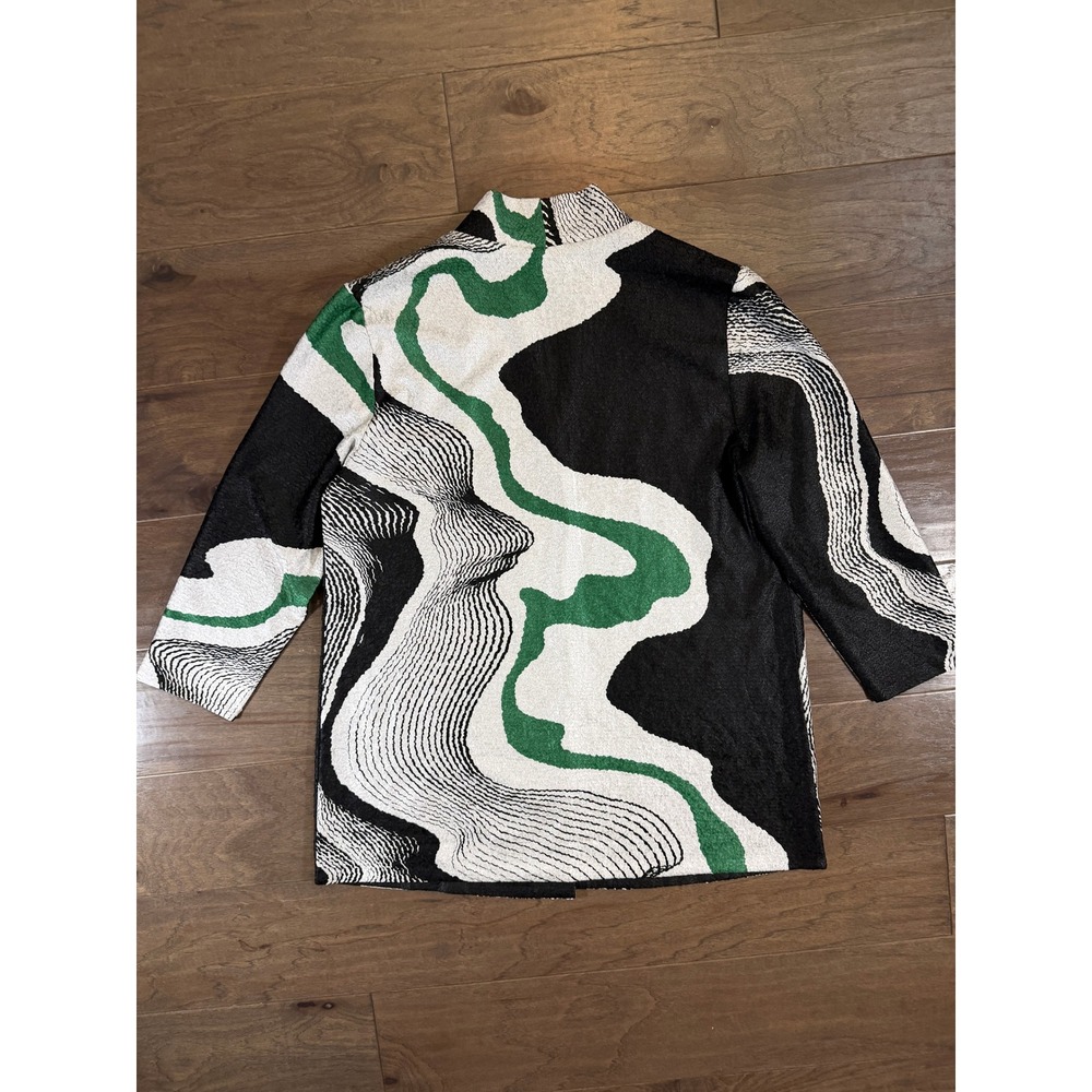 Chico's Abstract Wave Open Front Topper Jacket Green Black White Textured Size 3 - Picture 3 of 5